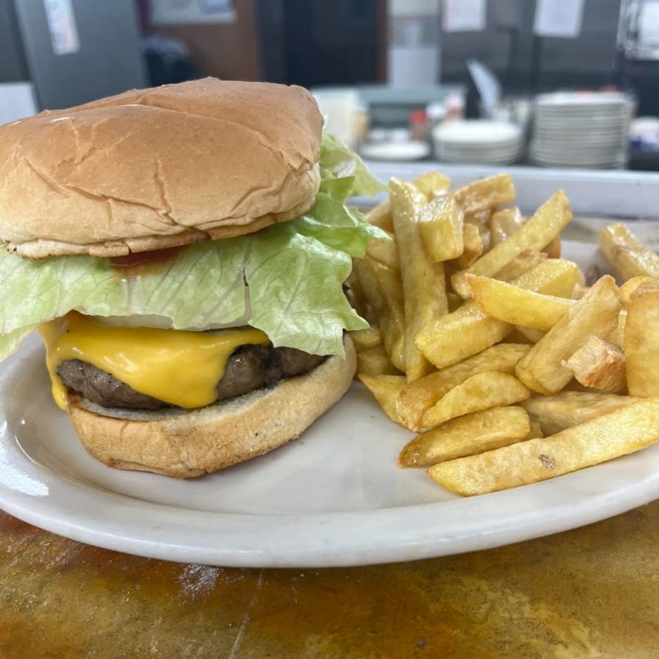 A cheeseburger with lettuce and a side of golden french fries on a white plate.